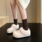 冬季 棉鞋 白富美毛呢料加绒保暖一脚蹬厚底毛毛鞋 女鞋 勃肯鞋 WSWS