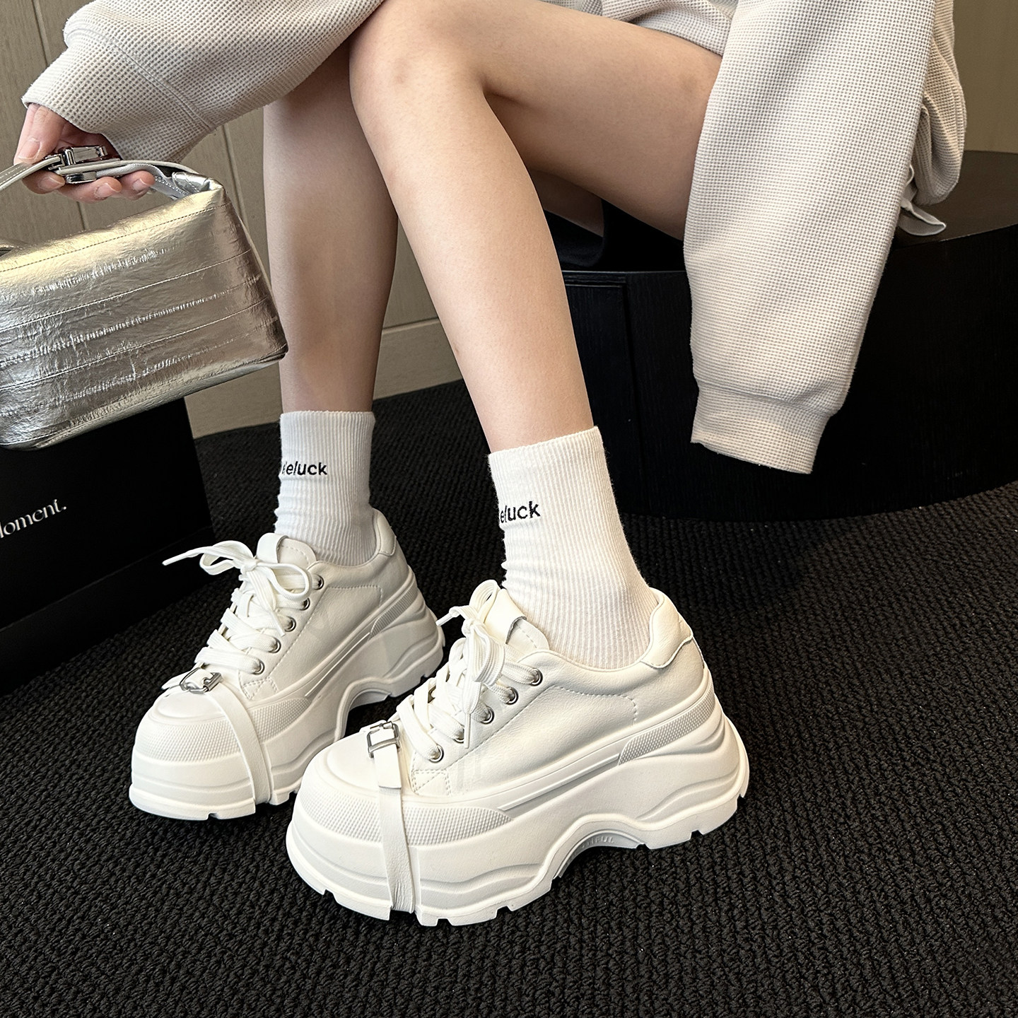 WSWS｜显腿长2026春新款牛皮轻便7cm增高厚底鞋休闲小白鞋女板鞋,女鞋,老爹鞋,淘宝优惠券,粉丝福利购,淘宝优惠卷