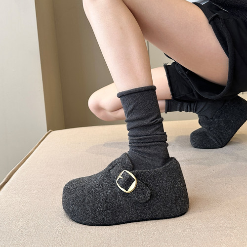 今年日系超流行~冬季加绒毛呢料内增高厚底勃肯鞋女鞋棉鞋毛毛鞋