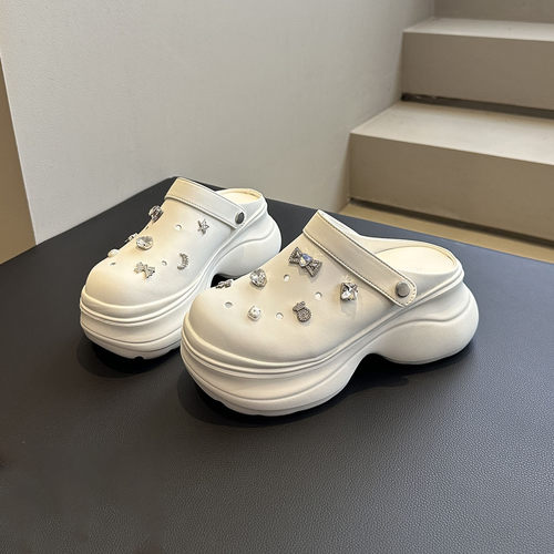 增高欧货真皮厚底包头半拖洞洞鞋