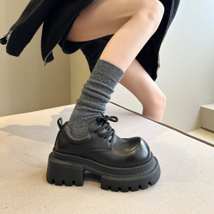 韩货冬季 德比鞋 加绒配阔腿裤 女鞋 真皮7cm增高厚底小皮鞋 甜酷辣妹