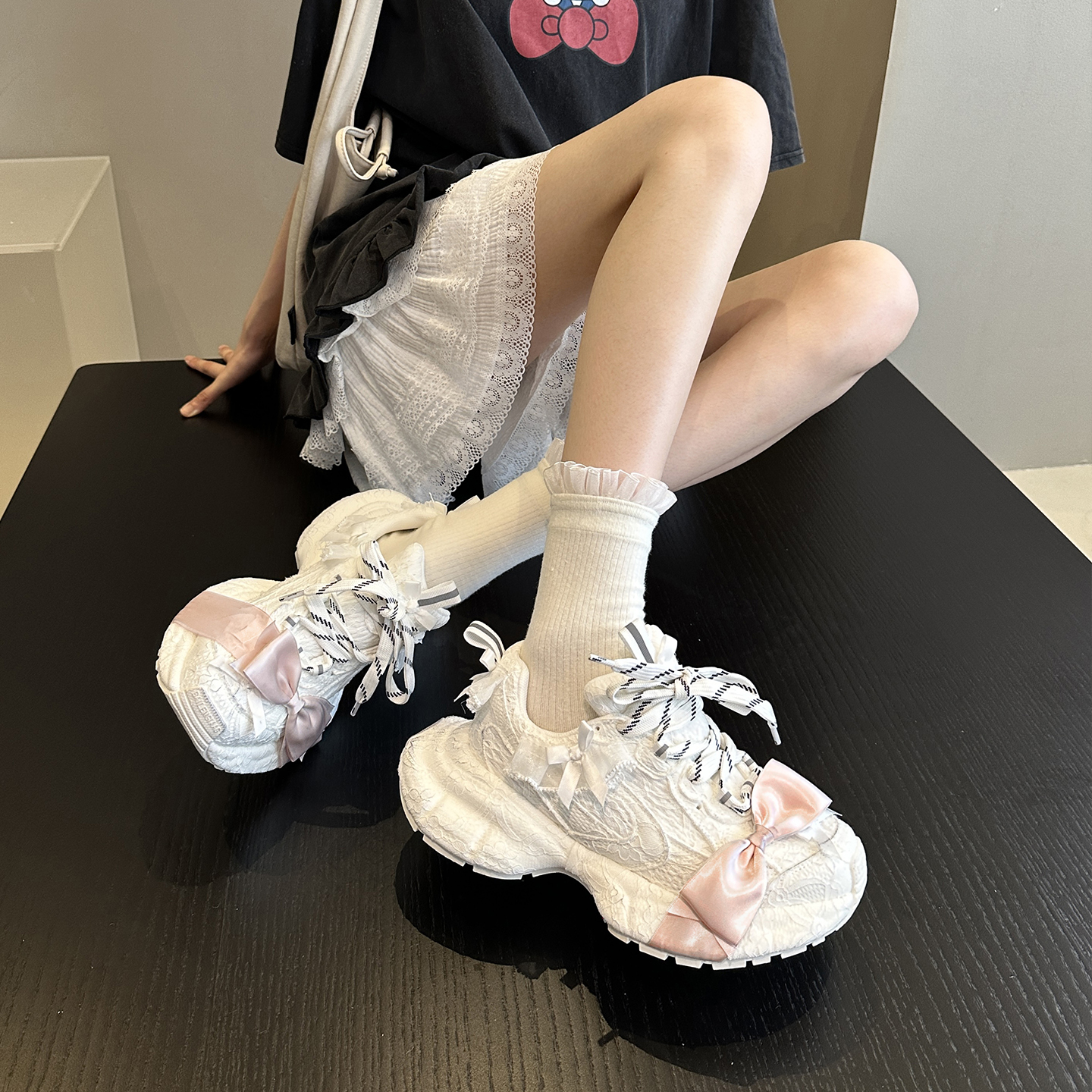 巴黎蕾丝蝴蝶结厚底老爹鞋