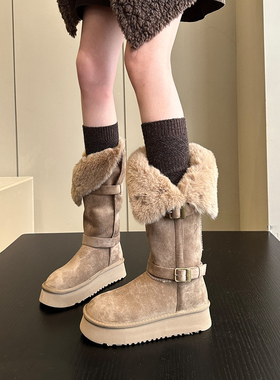 超保暖~冬季东北绒面加绒毛绒翻边两穿厚底高筒雪地靴女长筒棉靴