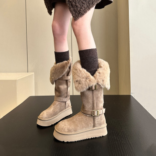 超保暖 东北绒面加绒毛绒翻边两穿厚底高筒雪地靴女长筒棉靴 冬季