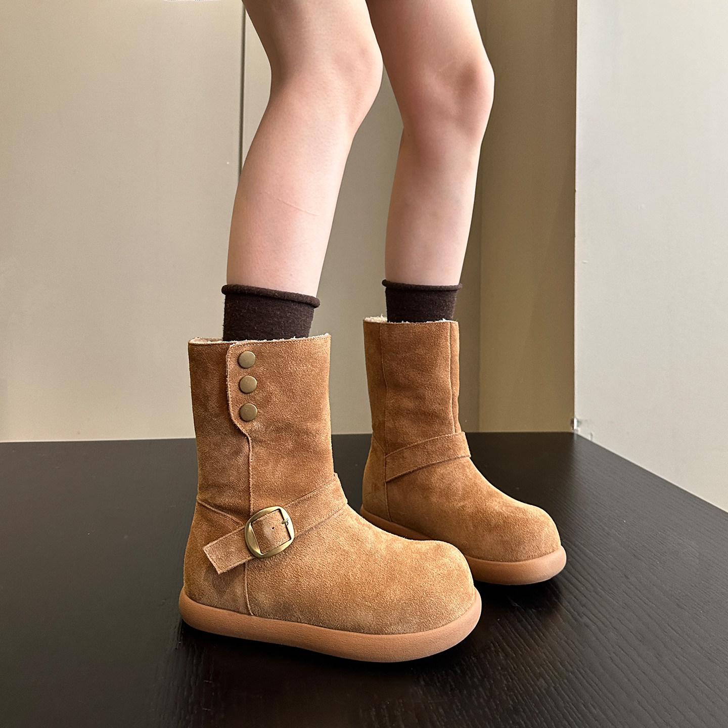 暖暖的幸福~日系甜酷大头牛皮加绒厚底雪地靴女东北大棉鞋棉靴子,女鞋,时尚雪地靴,淘宝优惠券,粉丝福利购,淘宝优惠卷