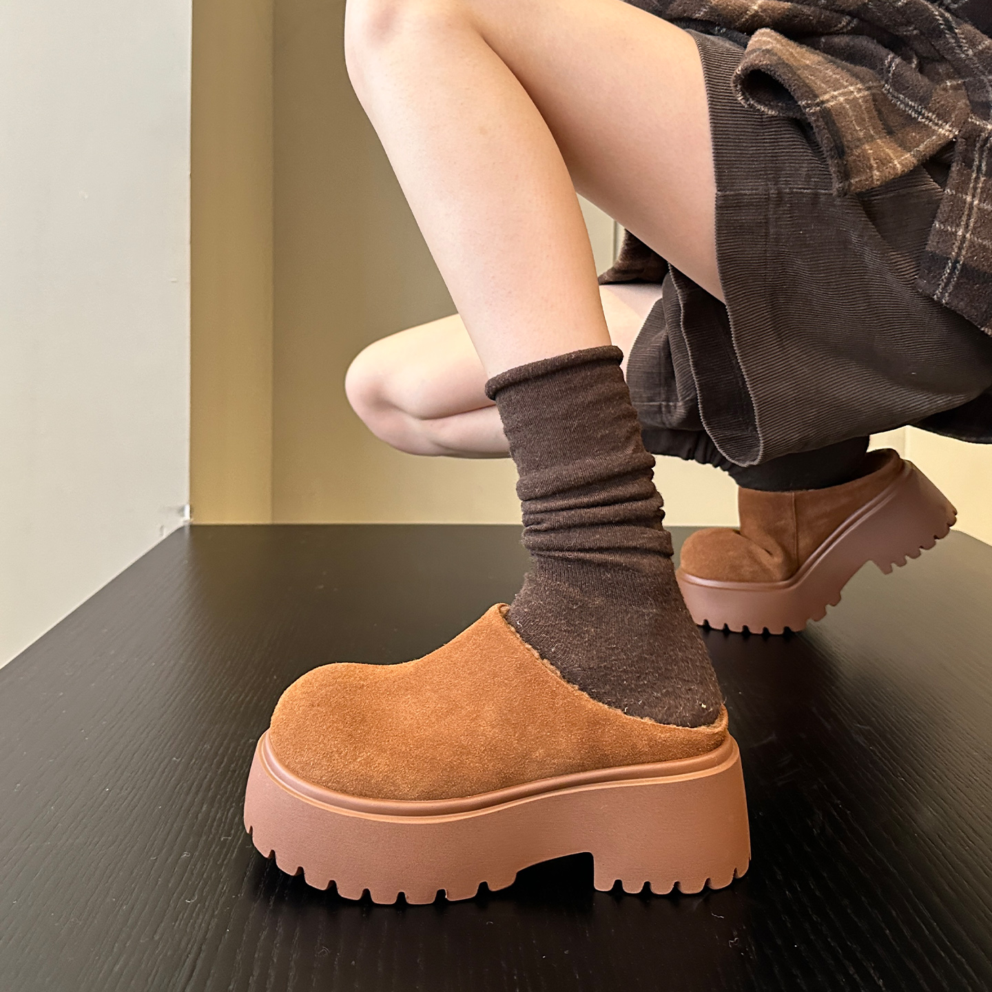 牛皮加绒懒人一脚蹬厚底毛毛拖鞋