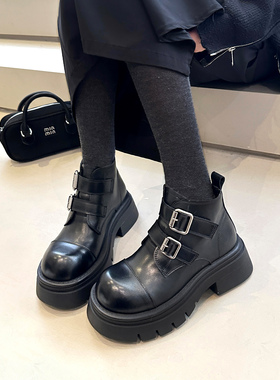 东大门气质御姐~韩系冬季加绒皮带扣厚底高跟短靴瘦瘦靴女马丁靴