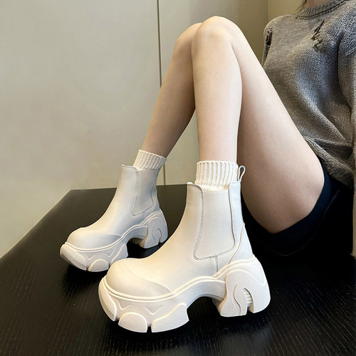 加绒真皮增高厚底切尔西靴