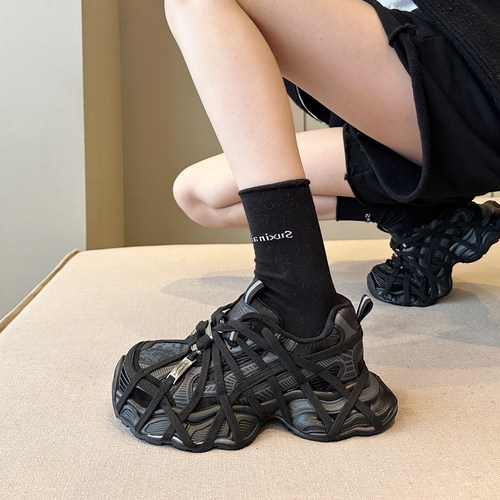 黑色绑带老爹鞋女厚底加绒