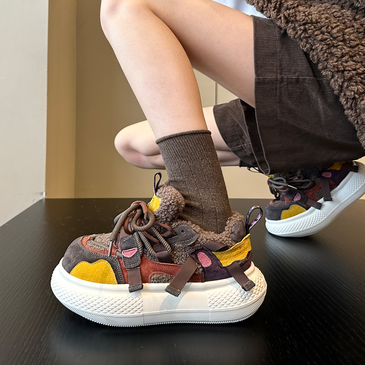 欧货磨砂真皮大头丑萌面包鞋板鞋