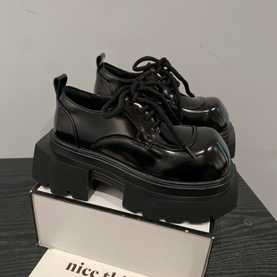 厚底休闲鞋 女黑色系带圆头增高小皮鞋 英伦风厚底乐福鞋 2026年新款