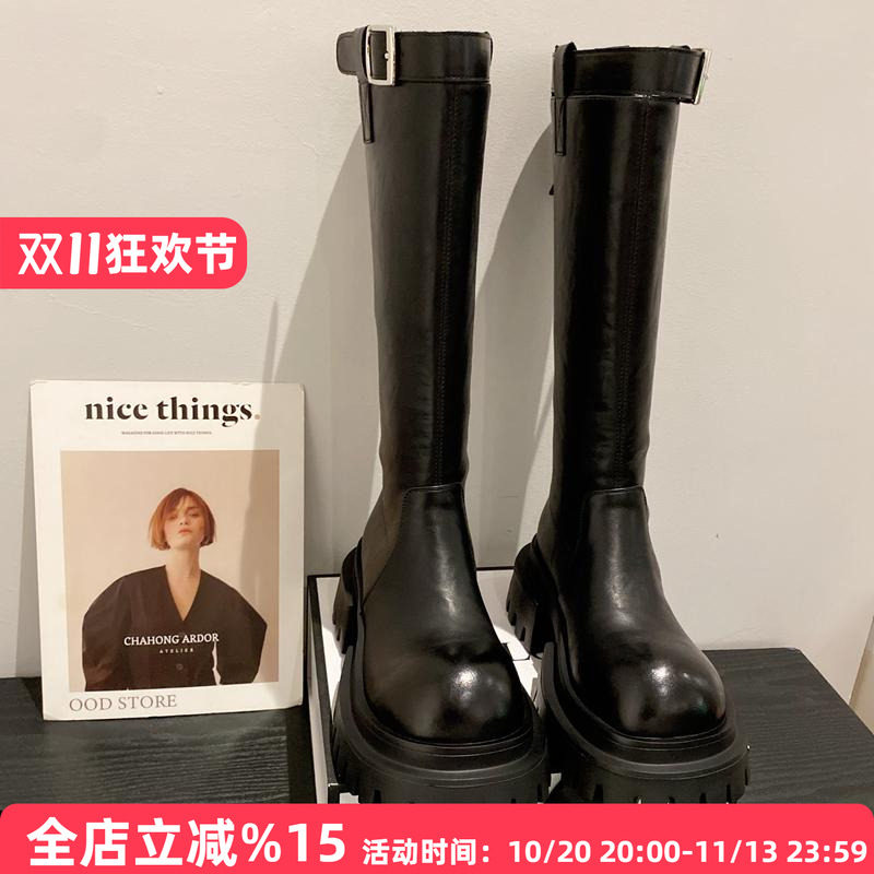 欧货2026冬新款软皮皮带扣后拉链高筒靴圆头厚底增高不过膝长靴女