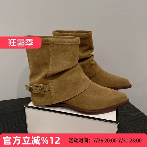 磨砂牛皮复古西部牛仔靴女马丁靴