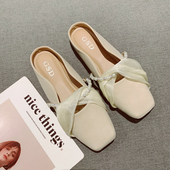 女2025年新款 甜美水钻珍珠装 饰一脚套包头半拖鞋 舒适软底方头凉拖