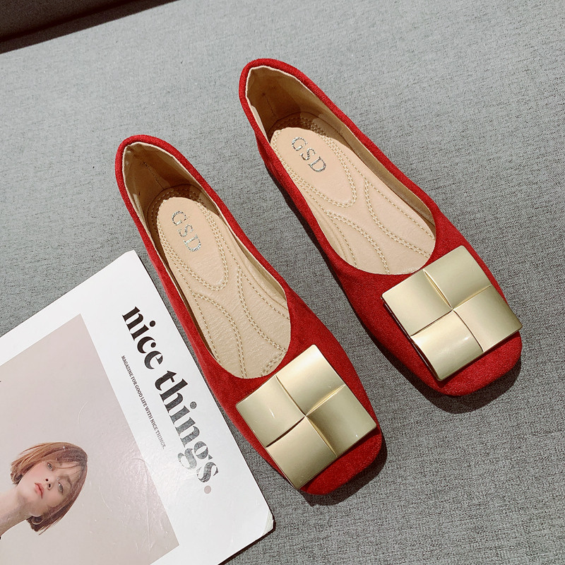 红色婚鞋女2025年新款金属扣绒面浅口方头软底豆豆鞋四季平底单鞋,女鞋,浅口单鞋,淘宝优惠券,粉丝福利购,淘宝优惠卷