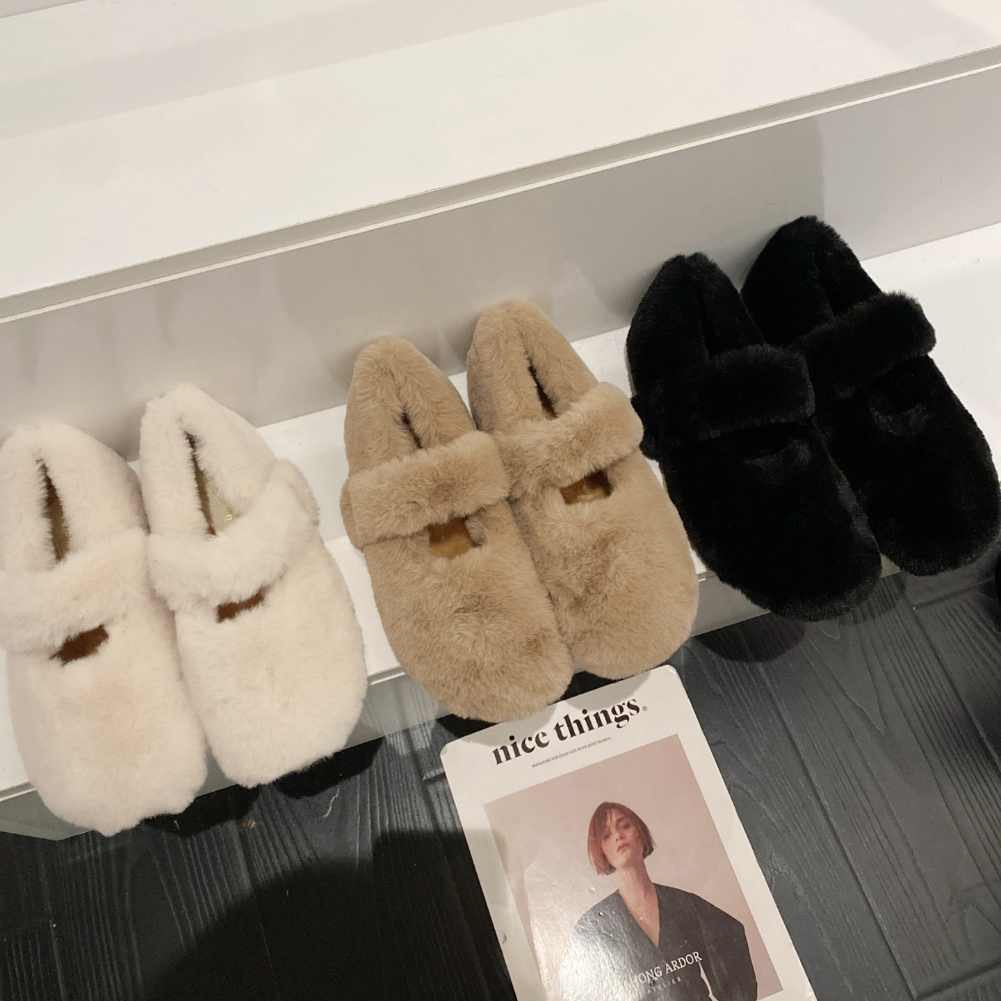 一字带加绒毛毛鞋女软底保暖棉鞋