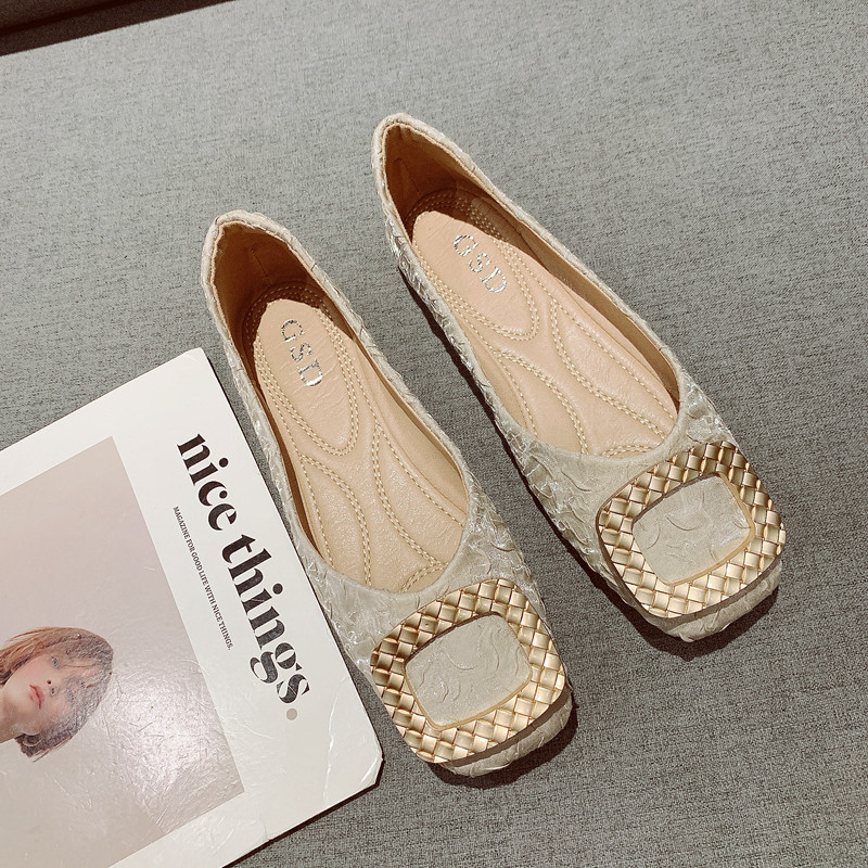 褶皱布面方头软底豆豆鞋女2025年新款金属扣百搭浅口一脚套平底鞋,女鞋,浅口单鞋,淘宝优惠券,粉丝福利购,淘宝优惠卷