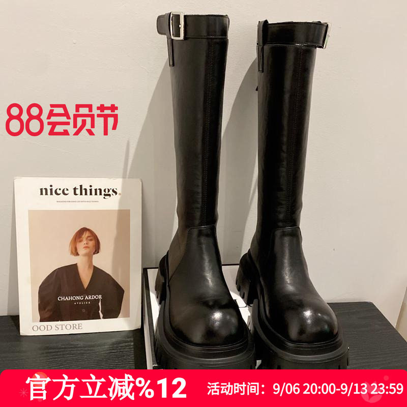 欧货2026冬新款软皮皮带扣后拉链高筒靴圆头厚底增高不过膝长靴女