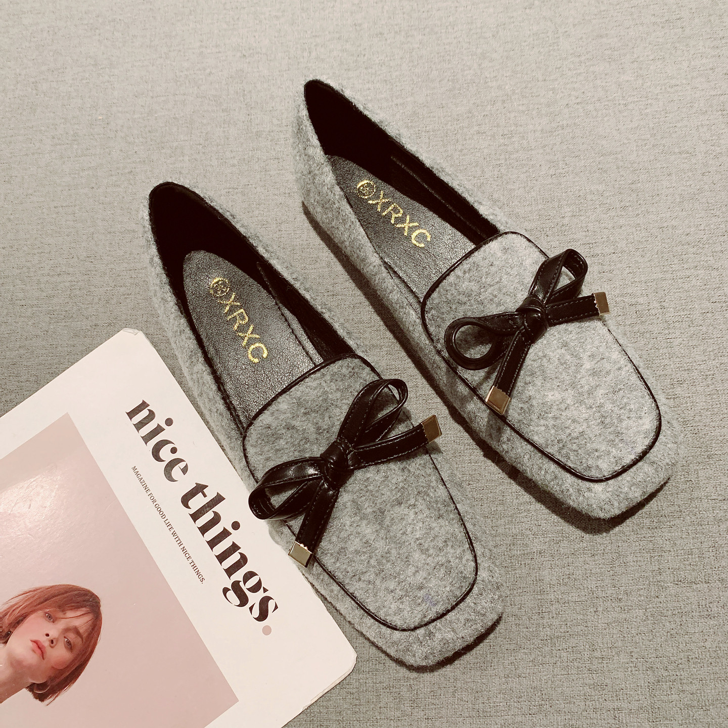 香风蝴蝶结方头乐福鞋女2026年新款一脚套舒适软底豆豆鞋平底单鞋