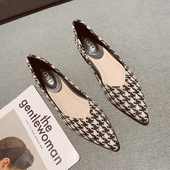 女春3CM粗跟尖头套脚女鞋 法式 复古千鸟格子低跟浅口单鞋 黑色2025