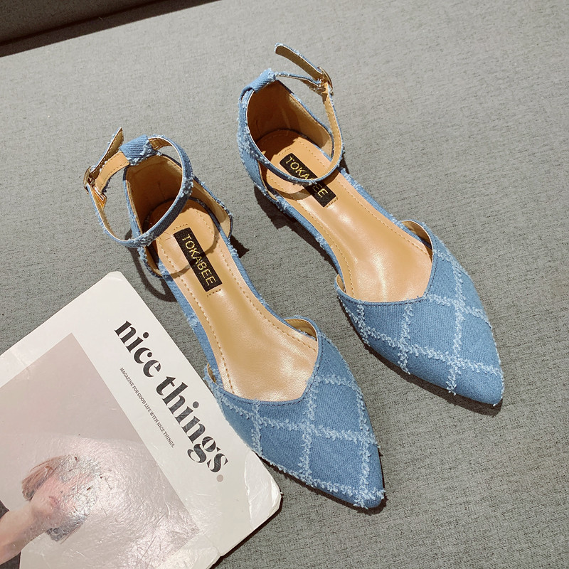 牛仔布女复古一字扣方跟单鞋