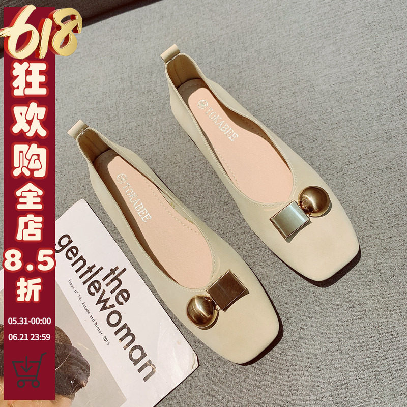 2026夏季新款韩版金属扣浅口方头低跟鞋舒适百搭软皮软底豆豆女鞋