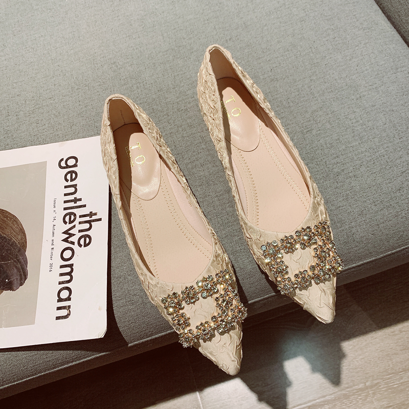 水钻方扣浅口鞋低跟尖头工作鞋女