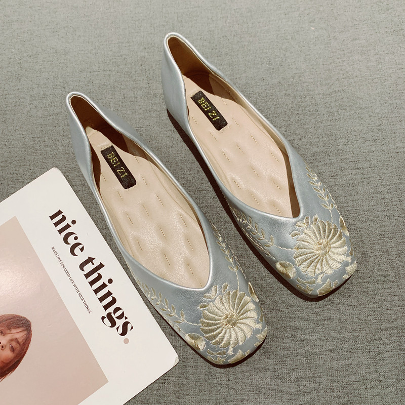 复古方头软底豆豆鞋女2025年新款国风刺绣一脚套平底单鞋工作瓢鞋,女鞋,浅口单鞋,淘宝优惠券,粉丝福利购,淘宝优惠卷