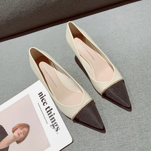 香风拼色高跟鞋女2025新款名媛风时尚浅口尖头性感细跟单鞋宴会鞋