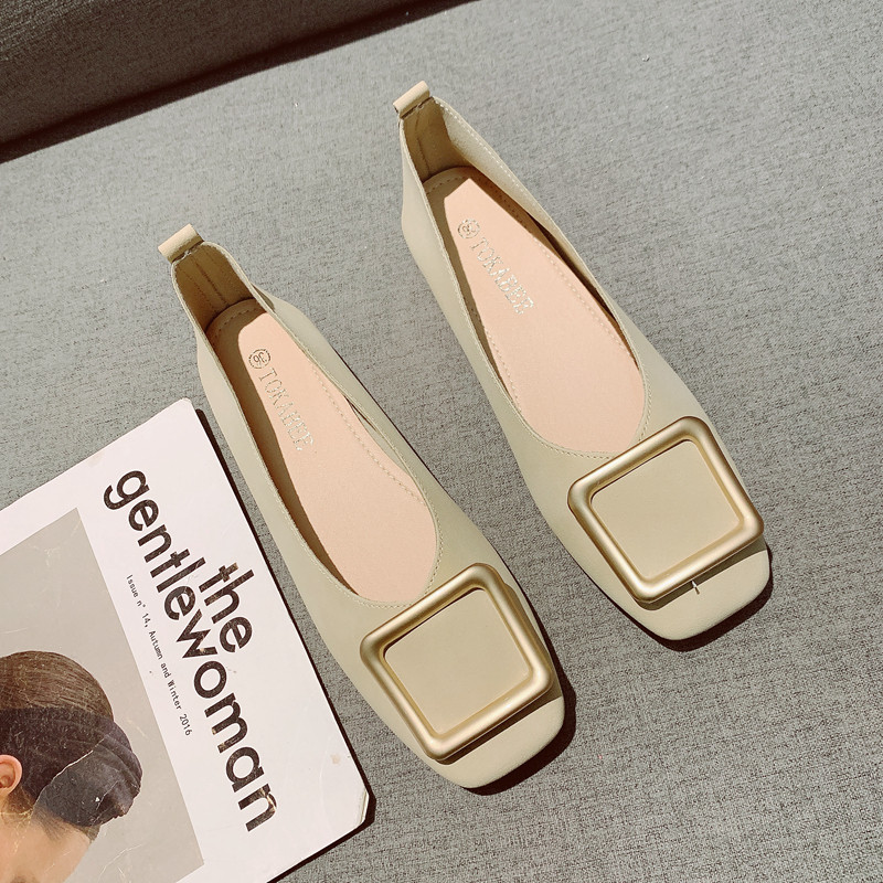 新款软皮方头仙女金属扣奶奶鞋