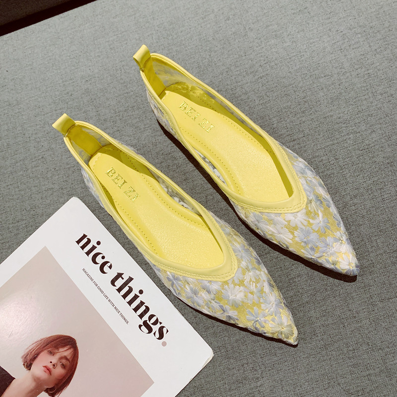 仙女风网纱透气浅口尖头平底单鞋