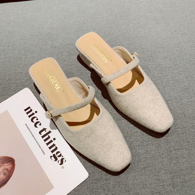 呢子布面一字带包头拖鞋女2025年夏季新款一脚套方头中跟外穿凉拖,女鞋,包头拖,淘宝优惠券,粉丝福利购,淘宝优惠卷