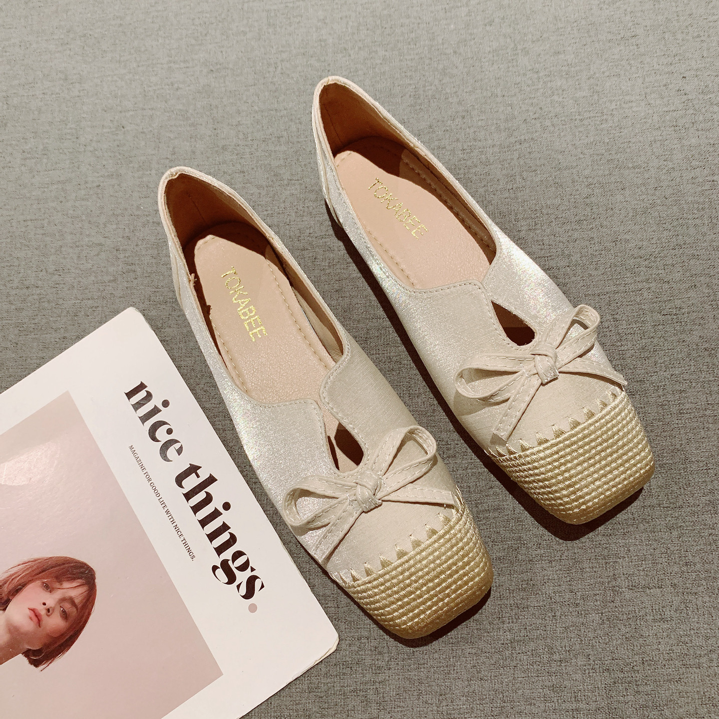 拼色方头舒适软底豆豆鞋女2025年新款蝴蝶结装饰一脚套平底单鞋,女鞋,浅口单鞋,淘宝优惠券,粉丝福利购,淘宝优惠卷