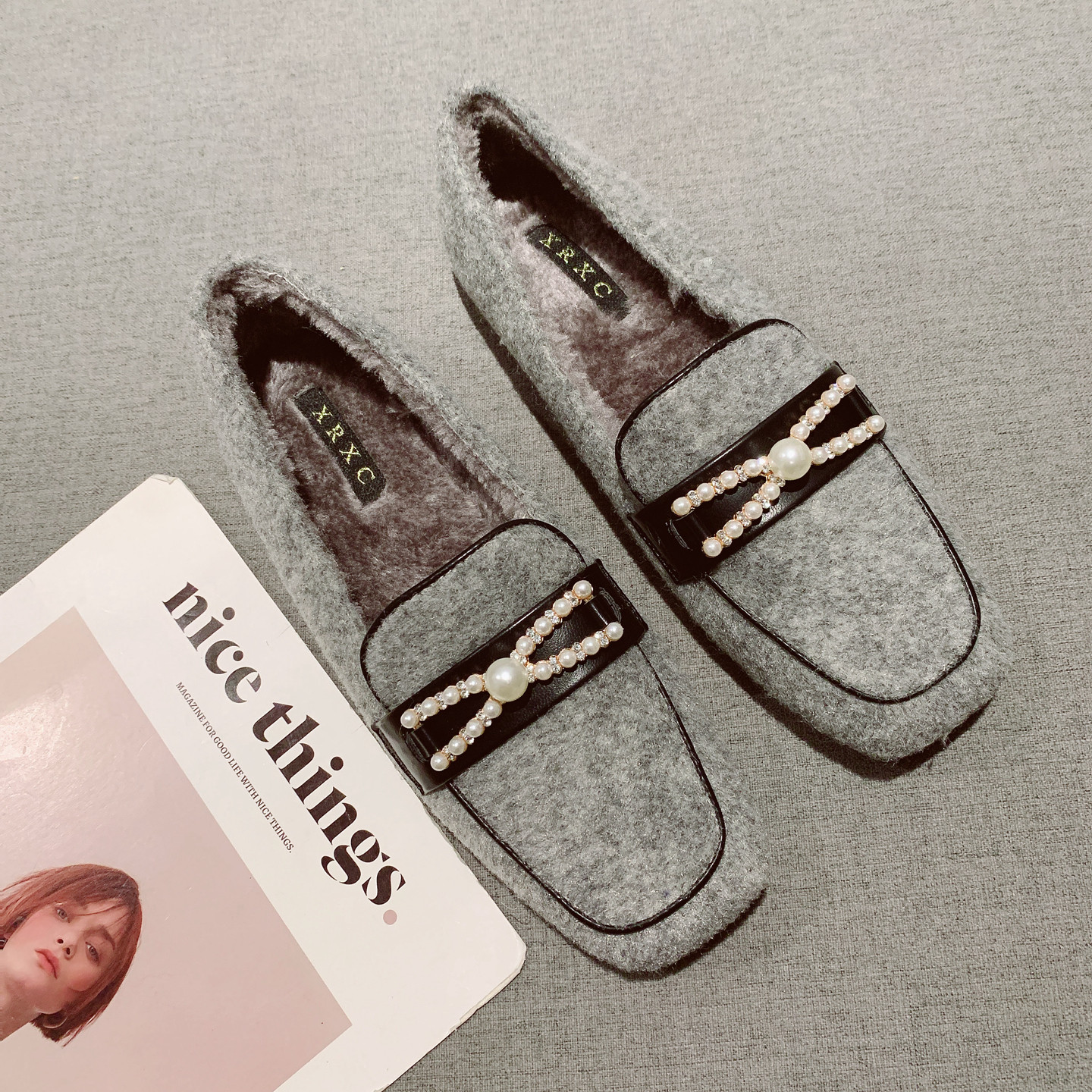 2025年新款甜美珍珠装饰软底豆豆鞋女呢子布面一脚套保暖毛毛鞋,女鞋,浅口单鞋,淘宝优惠券,粉丝福利购,淘宝优惠卷