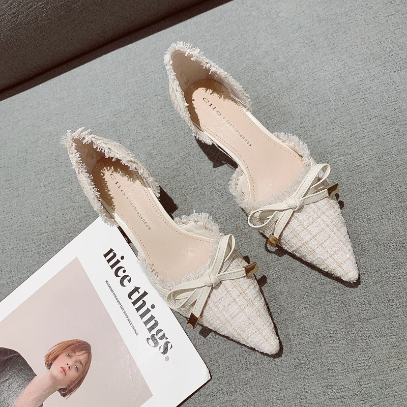 法式蝴蝶结中空尖头细跟高跟鞋女