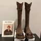 绒面复古V口高筒靴女2025年新款 英伦风厚底圆头显瘦不过膝长筒靴