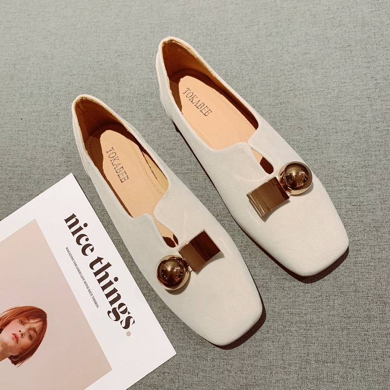 金属扣复古方头软底豆豆鞋女2025年新款绒面一脚套平底单鞋工作鞋,女鞋,浅口单鞋,淘宝优惠券,粉丝福利购,淘宝优惠卷