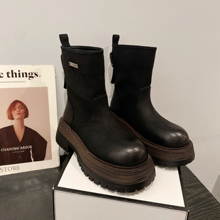 英伦风增高厚底短靴女简约百搭皮带扣切尔西靴瘦瘦靴 2025年新款