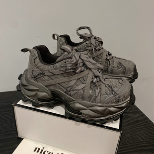 花式 饰系带休闲运动鞋 绑带厚底老爹鞋 真皮水钻装 女2025新款 炸街款