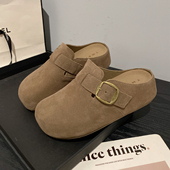 女磨砂牛皮一脚套休闲包头拖鞋 2025新款 复古圆头增高厚底勃肯拖鞋