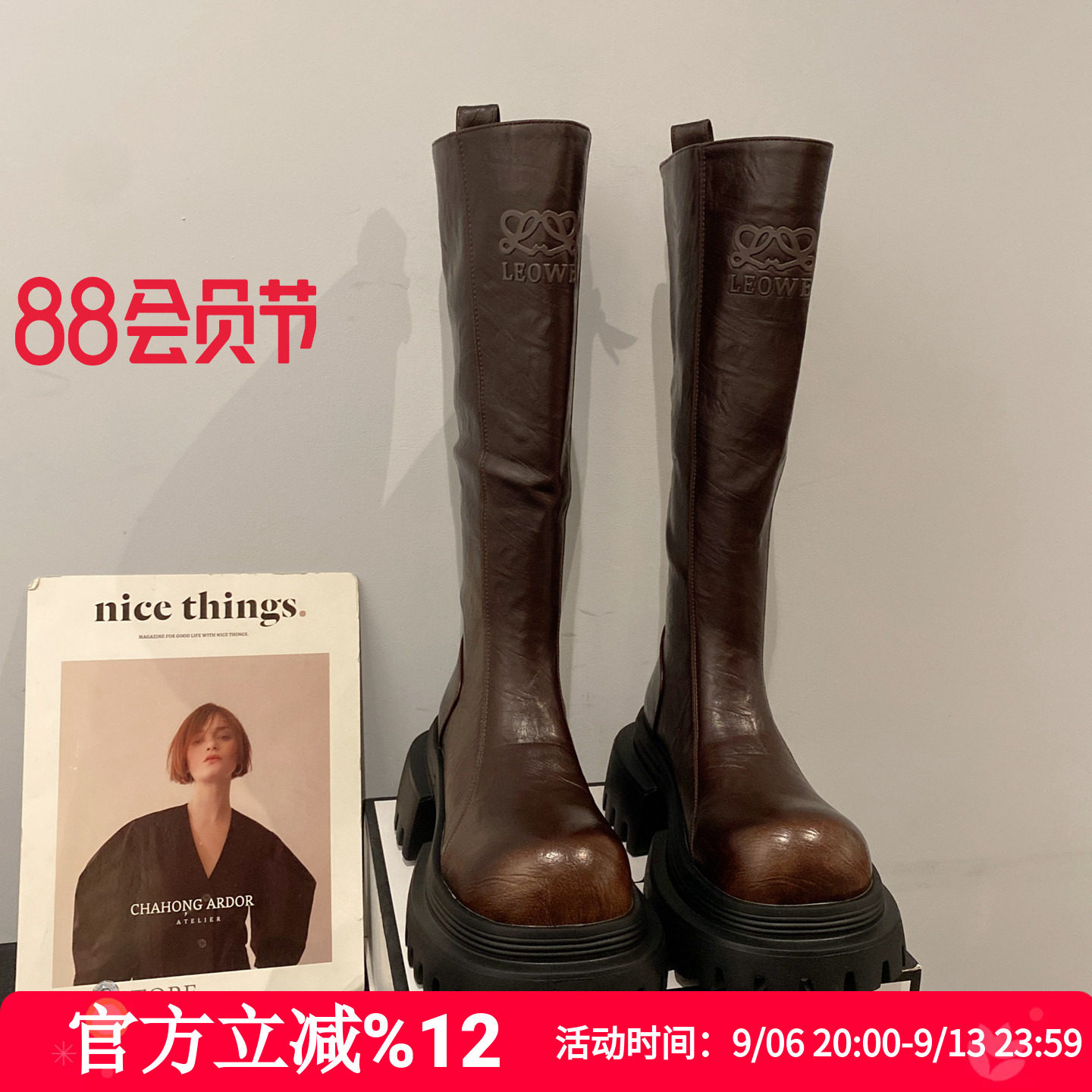 2026年新款英伦风复古圆头厚底增高长筒骑士靴女百搭后拉链高筒靴