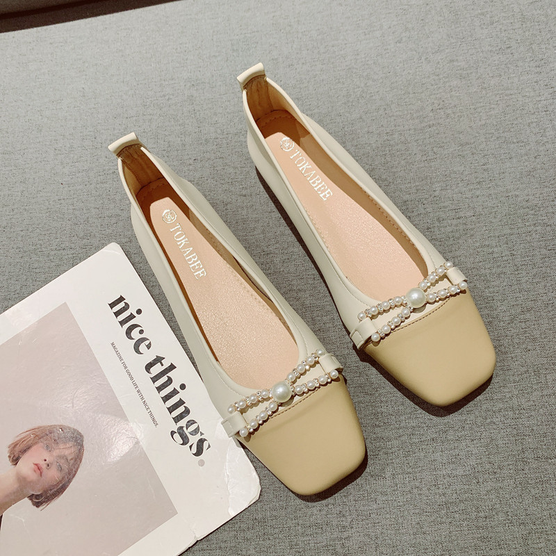 甜美珍珠装饰浅口软底低跟单鞋女