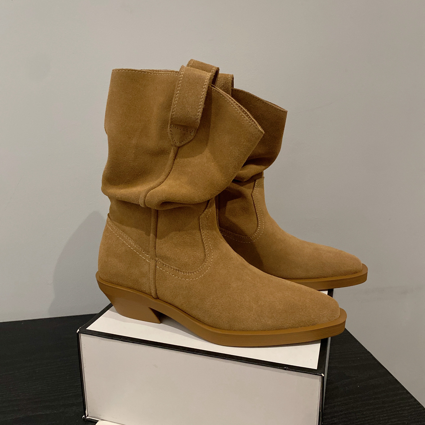 磨砂牛皮复古西部牛仔靴女堆堆靴