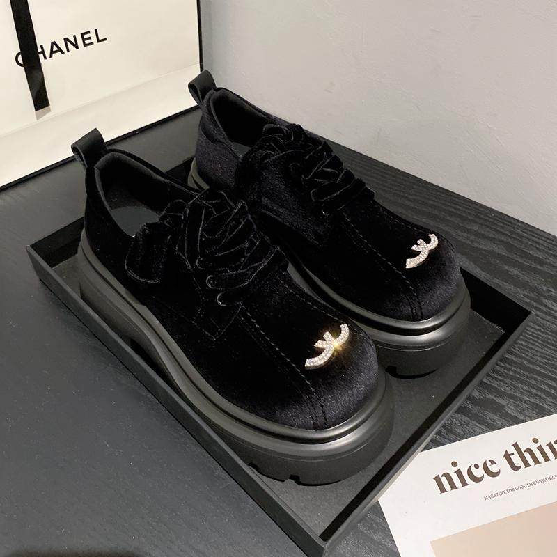 小香风系带水钻增高黑色英伦风厚底小皮鞋女金丝绒气质拉满高定版,女鞋,乐福鞋（豆豆鞋）,淘宝优惠券,粉丝福利购,淘宝优惠卷