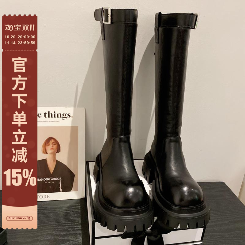 欧货2025冬新款软皮皮带扣后拉链高筒靴圆头厚底增高不过膝长靴女