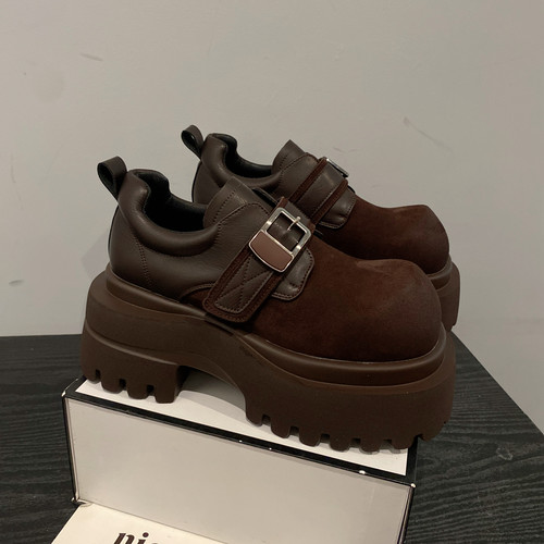 皮带扣增高厚底休闲鞋拼接乐福鞋