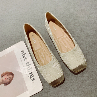 小香风仙女温柔晚晚2025春夏新款鞋子亮片浅口方头平底豆豆单鞋女
