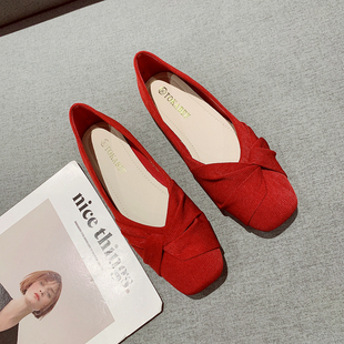 简约百搭平底婚鞋女2025年新款百搭绒面浅口方头软底豆豆鞋瓢鞋