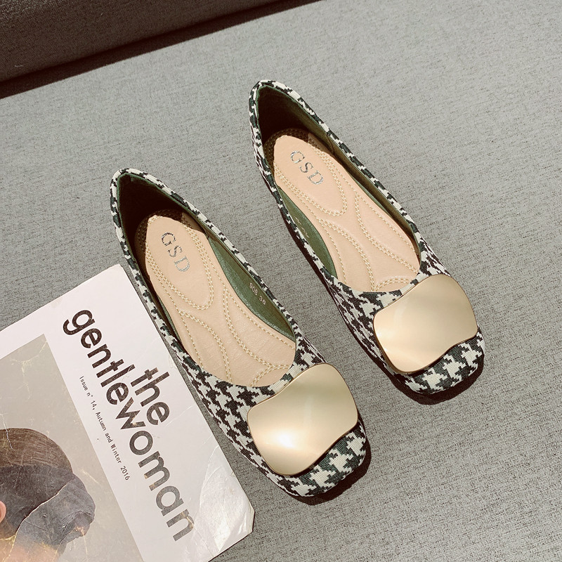 千鸟格方头软底豆豆鞋瓢鞋女2025年新款金属扣浅口一脚套平底单鞋,女鞋,浅口单鞋,淘宝优惠券,粉丝福利购,淘宝优惠卷