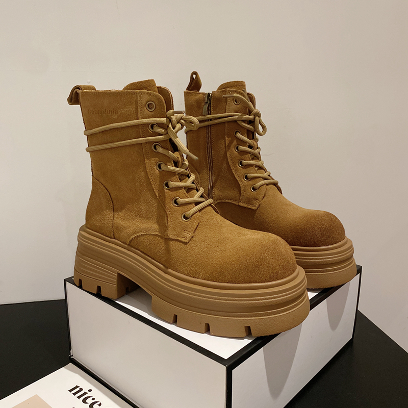 磨砂牛皮厚底马丁靴女大头工装靴